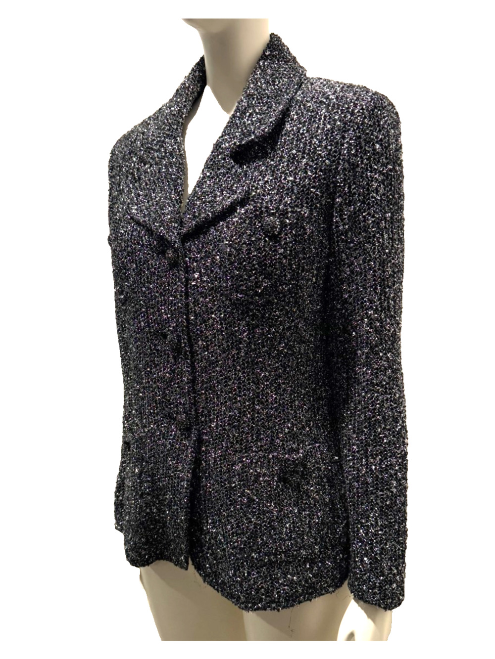 ST JOHN CAVIAR Black Silver Shimmer Sparkly Jacket 4 Metallic Swarovski Buttons